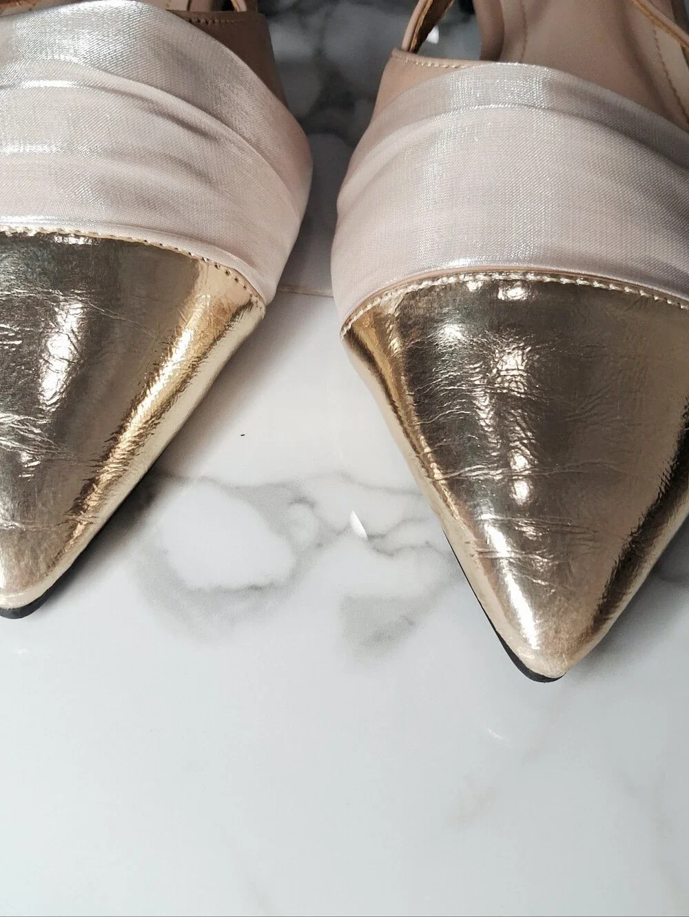 Cuccoo Beige Gold Faux Leather Satin Mesh Ballet Flats Sling Back Pointed Toe 9